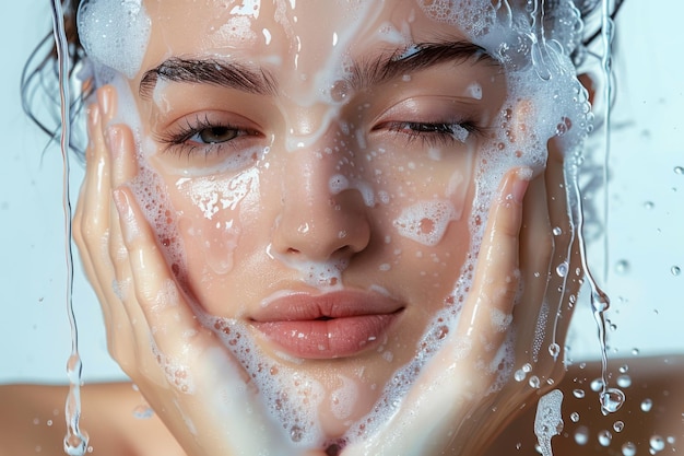 Mulher de olhos azuis a limpar o rosto com espuma de sabão e gotas de água a descer pelas bochechas.