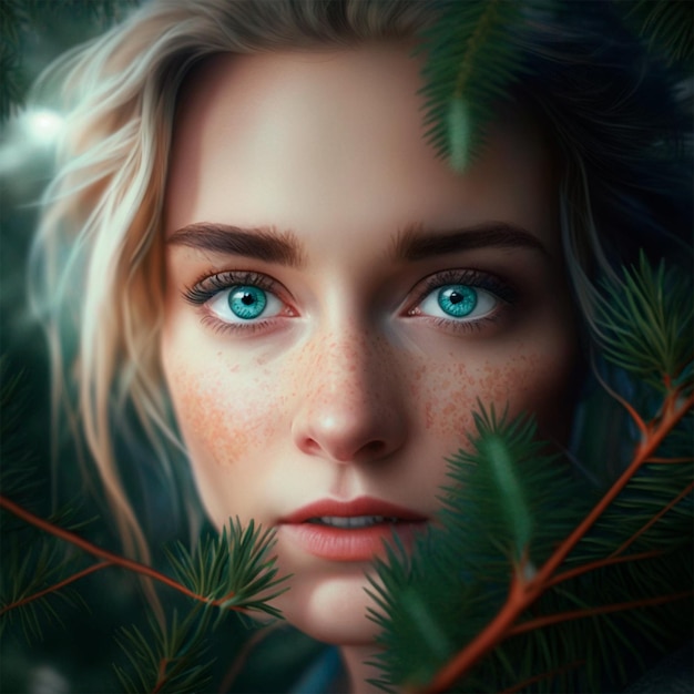 Mulher de olhos azuis e galhos de pinheiro