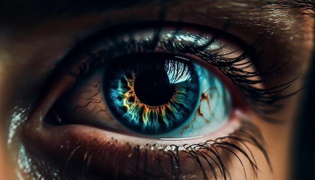 Mulher de olhos azuis olhando para a câmera com foco seletivo na íris gerada pela inteligência artificial