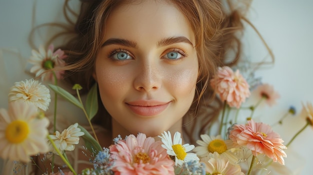 Mulher de olhos azuis segurando um buquê de flores