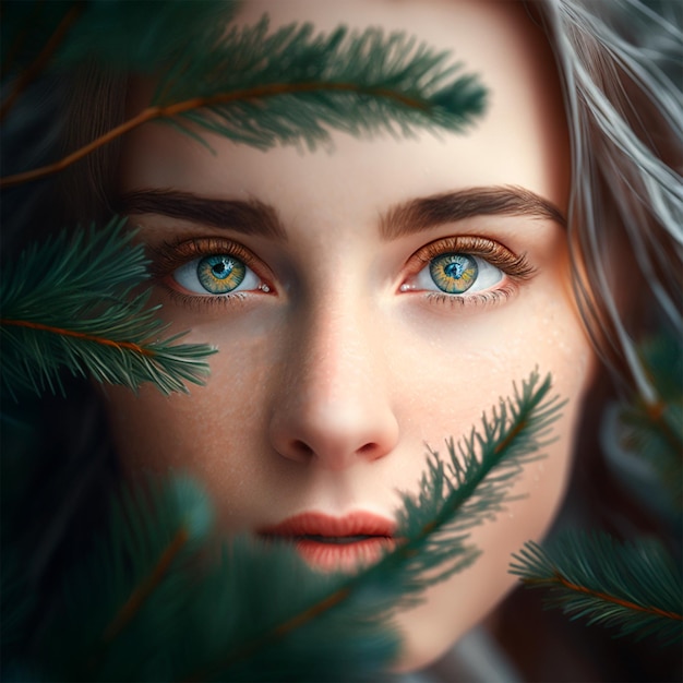 Mulher de olhos verdes e galhos de pinheiro