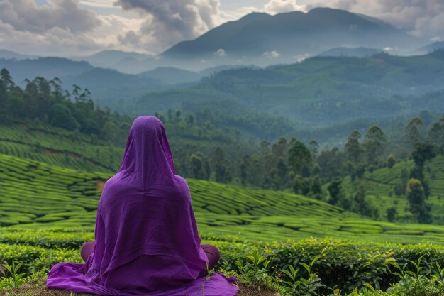 Foto mulher de pano violeta fazendo ioga em plantações de chá em munnar hill kerala índia