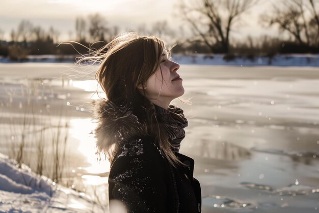 Foto mulher de pé ao lado de um lago congelado a tremer no frio