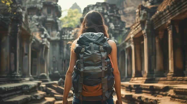 Foto mulher de pé com mochila junto a ruínas antigas