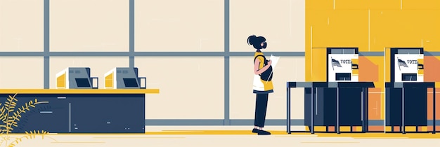 Mulher de pé em frente a máquinas de venda automática exibindo sacos de batatas fritas Ambiente minimalista com parede bege e luz natural Estilo de ilustração com cores planas e linhas limpas