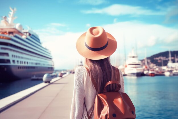 Foto mulher de pé em frente a um navio de cruzeiro conceito de viagem alegre generativo ai