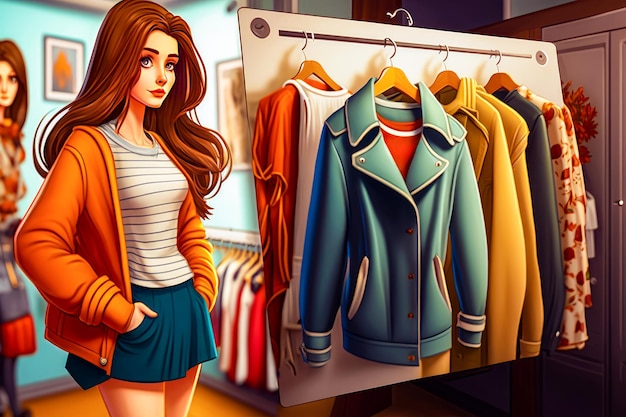 Mulher de pé em frente a uma prateleira de roupas em uma loja de roupas