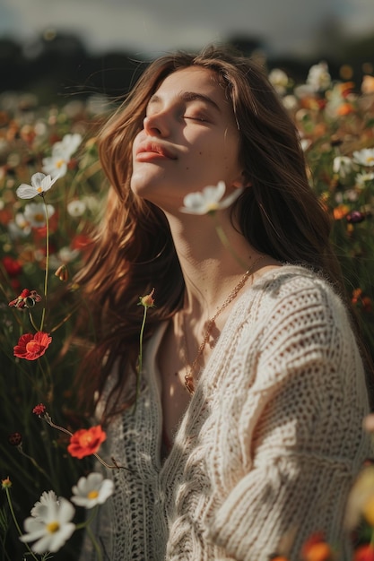 Mulher de pé em um campo de flores em um dia ensolarado IA generativa