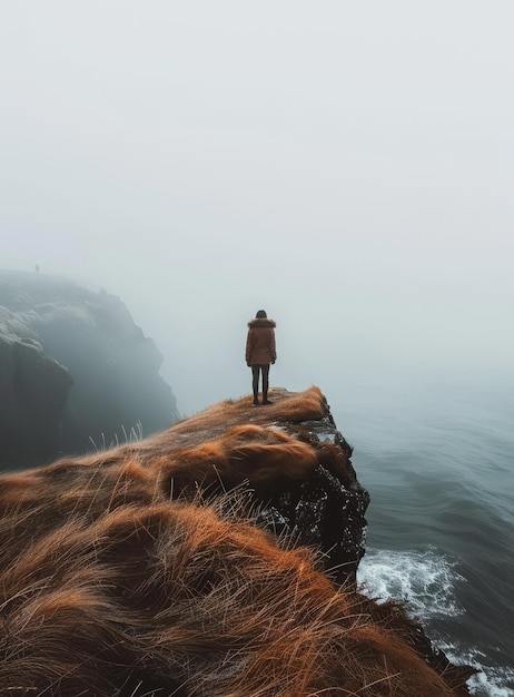 Mulher de pé em um penhasco com vista para o oceano