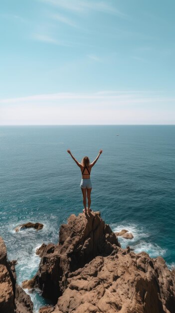 Mulher de pé em um penhasco rochoso com vista para um vasto oceano com os braços levantados