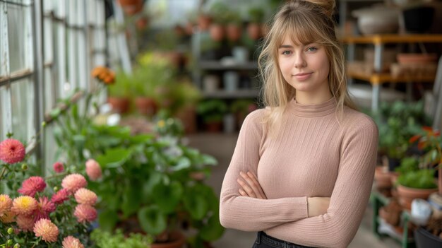 Mulher de pé na estufa com os braços cruzados