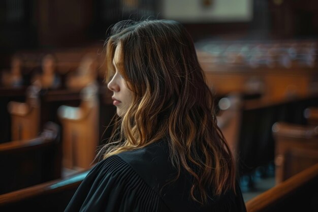 Foto mulher de pé na igreja olhando para a distância