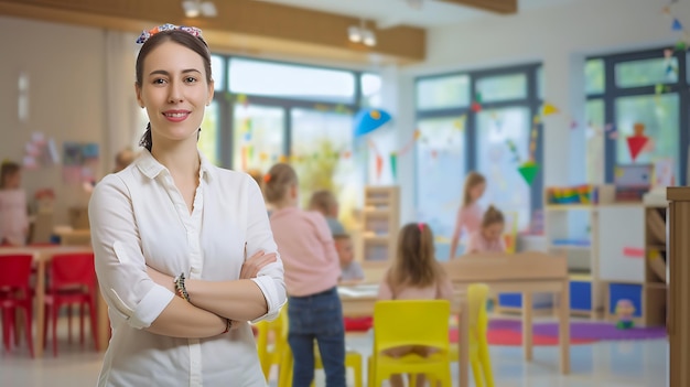 Mulher de pé na sala de aula braços cruzados IA generativa