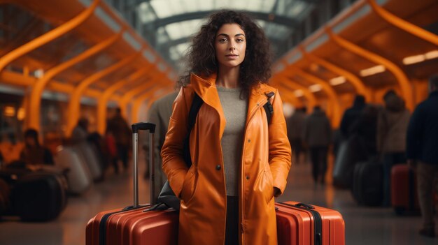 Foto mulher de pé no aeroporto com bagagem