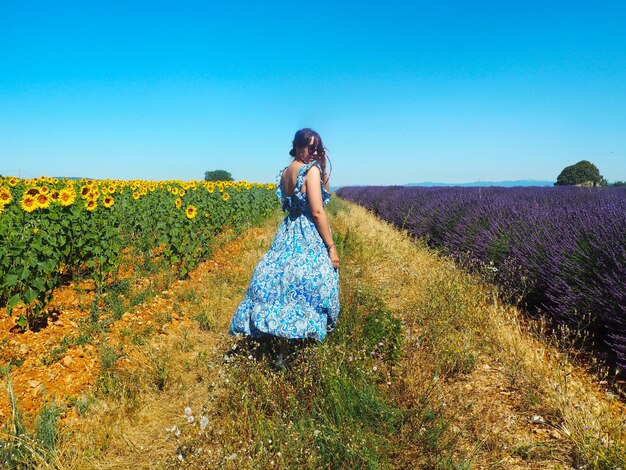 Foto mulher de pé no campo contra o céu azul claro