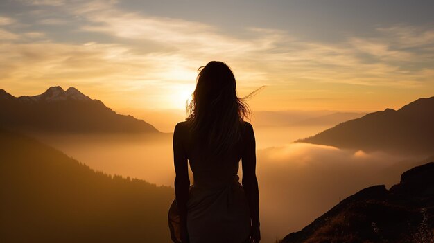 Mulher de pé no topo da montanha com os braços levantados ao nascer do sol IA generativa