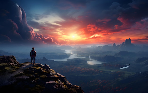 Mulher de pé no topo de uma montanha ilustração em mundo futurista com céu ao pôr do sol