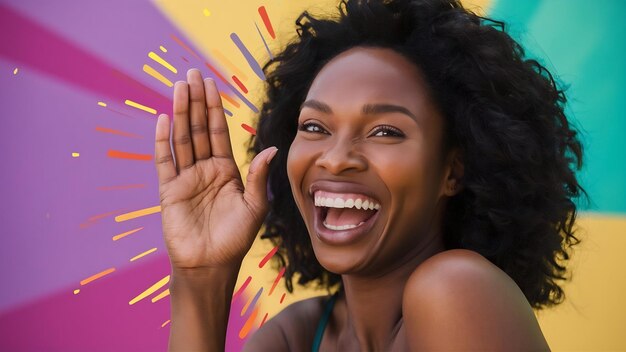 Foto mulher de pele escura alegre faz rosto palma sorrisos agradavelmente expressa emoções positivas não pode parar