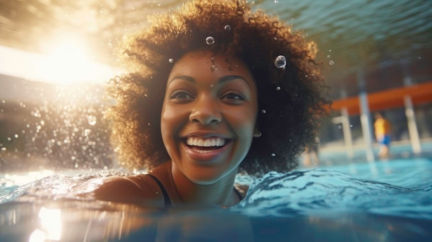 Mulher de pele escura feliz nadando debaixo d'água em uma piscina pública