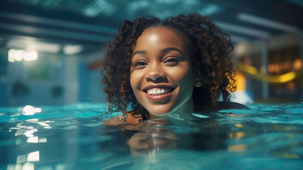 Mulher de pele escura feliz nadando debaixo d'água em uma piscina pública