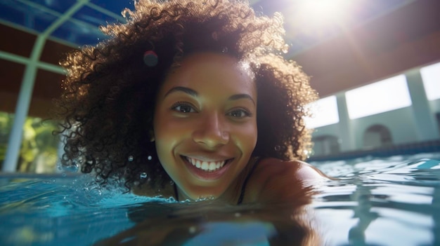 Mulher de pele escura feliz nadando debaixo d'água em uma piscina pública