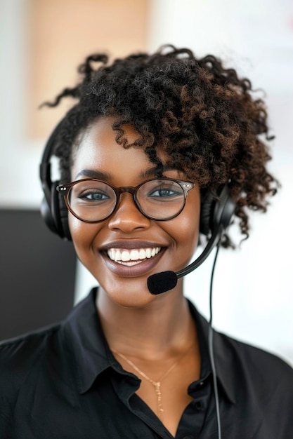 Mulher de pele escura sorridente com fones de ouvido e microfone