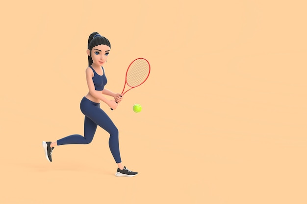 Mulher de personagem de desenho animado em roupas esportivas jogando tênis em fundo bege ilustração de renderização 3D