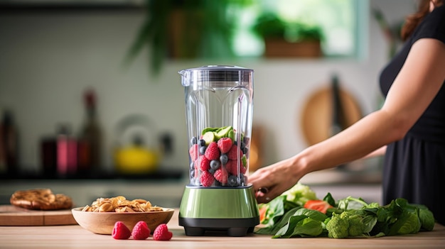 Mulher de perto a misturar frutas e vegetais com um liquidificador