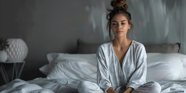 Mulher de pijama sentada na cama lutando contra insônia e estresse Conceito Insônia Estresse Pijama Mulher Cama