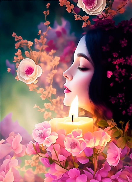 Mulher de pintura de arte digital com ilustração de flores