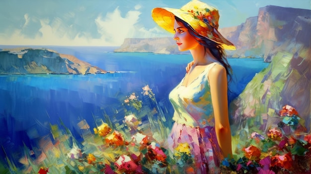 Mulher de pintura impressionista no verão Ilustração AI GenerativexA