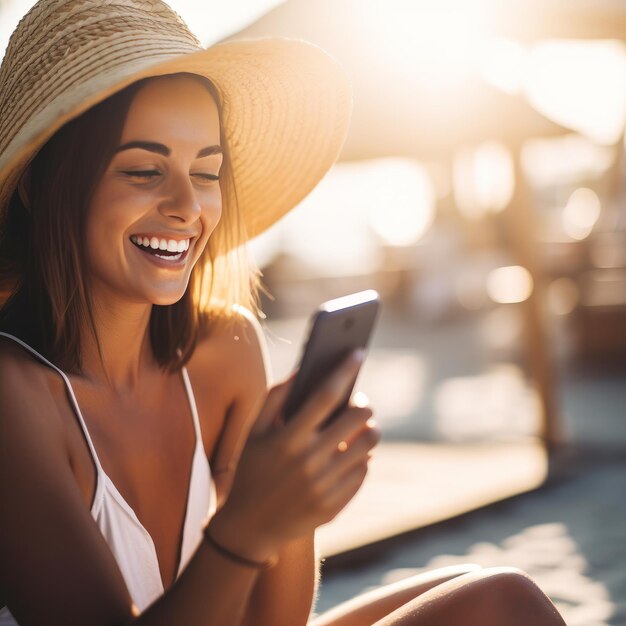 Mulher de praia jovem feliz usando smartphone