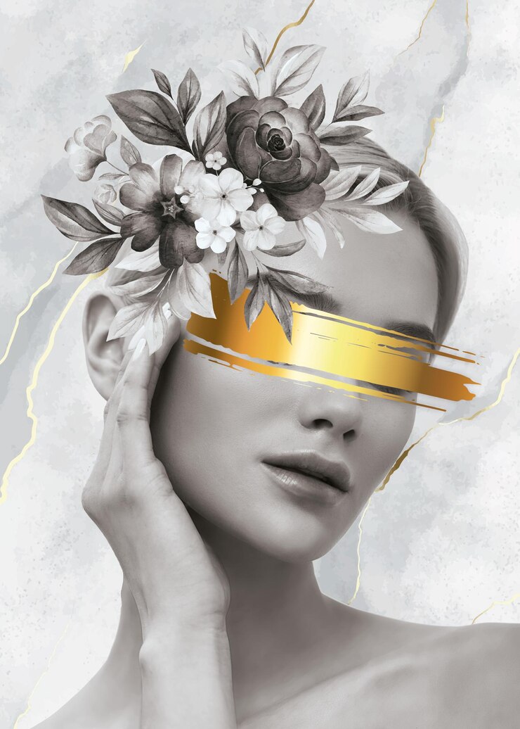 Foto mulher de preto e branco com flor na cabeça e linha dourada seus olhos colagem de fundo de mármore