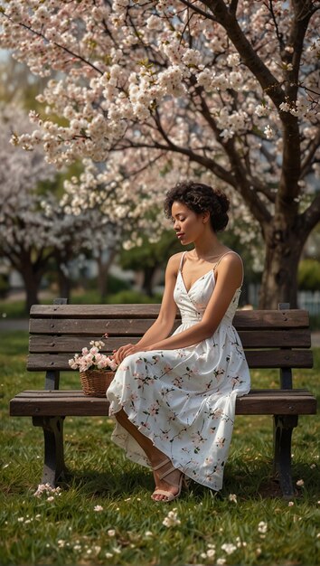 Foto mulher de raça mista com flores de cerejeira em um banco de jardim