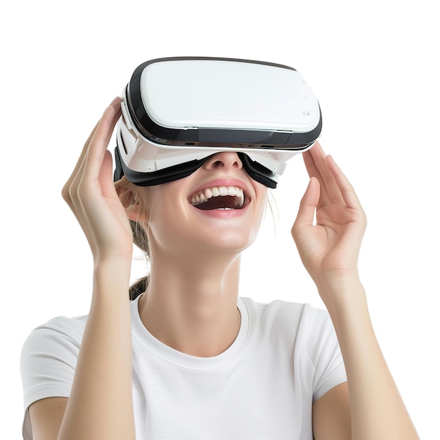 Mulher de Realidade Virtual Sorrindo Feminina em Óculos de VR Modernos