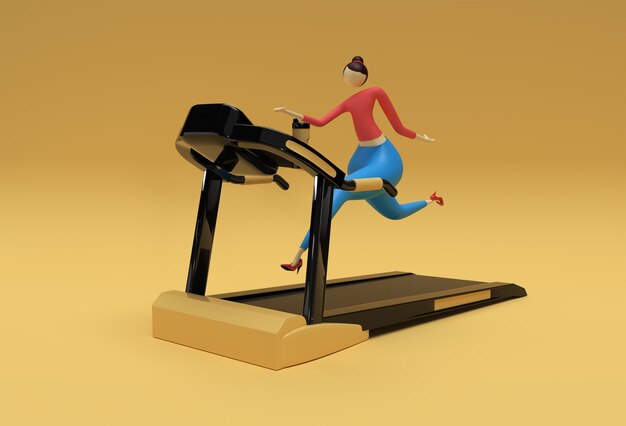 Mulher de renderização 3D executando a máquina de esteira em um fundo de Fitness.