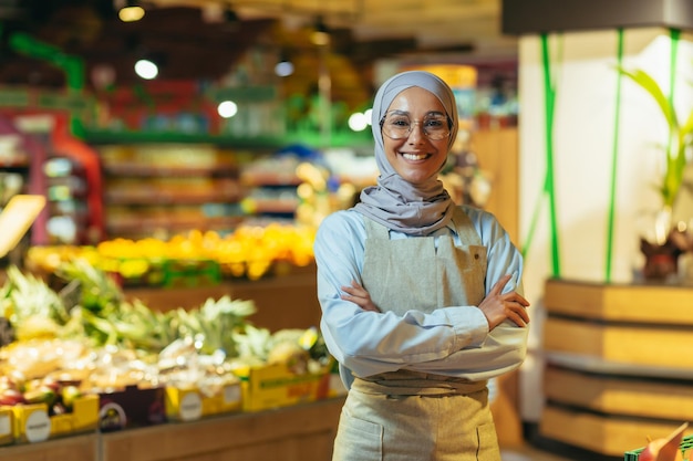 Mulher de retrato em um hijab como vendedora em uma loja de supermercado uma vendedora com sorrisos cruzados de braços