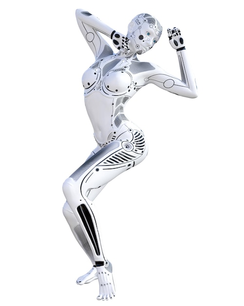 Mulher de robô de dança Droide de metal Inteligência Artificial Arte de moda conceitual Ilustração de renderização 3D realista Estúdio isolar chave alta