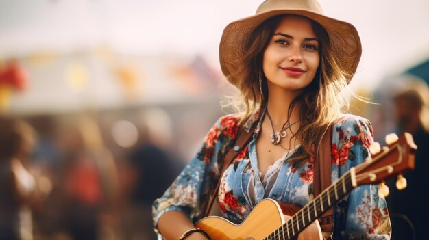 Foto mulher de roupa country com guitarra com fundo desfocado com festival de música