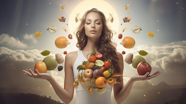 Foto mulher de saúde holística com comida saudável