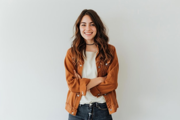 Mulher de sucesso confiante em roupa casual sorrindo para a câmera