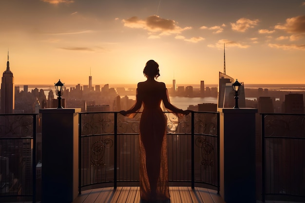 Mulher de sucesso em pé na varanda de luxo vista traseira da rica silhueta feminina ao pôr do sol em Nova York