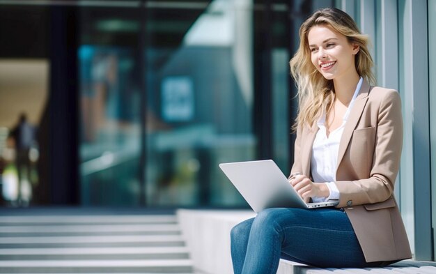 Mulher de sucesso perto de um prédio de escritórios