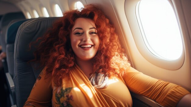 Foto mulher de tamanho extra num avião menina obesa feliz voa de férias com ia