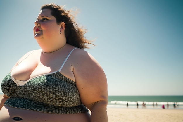 Mulher de tamanho grande na praia sorrindo