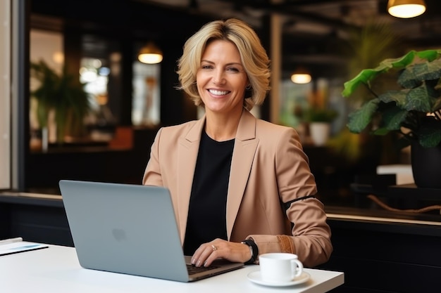 Foto mulher de terno no escritório sorrindo de terno em pé no laptop