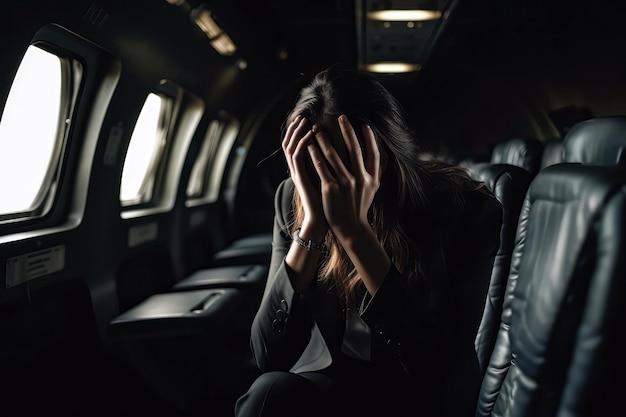 Mulher de terno sentada no avião com a cabeça baixa e as mãos cobrindo o rosto Jetlag Generative AI