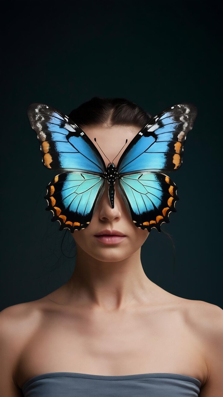 Foto mulher de tiro completo se transformando em uma borboleta