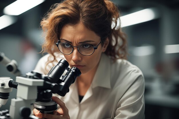 Mulher de tiro médio olhando através de um microscópio