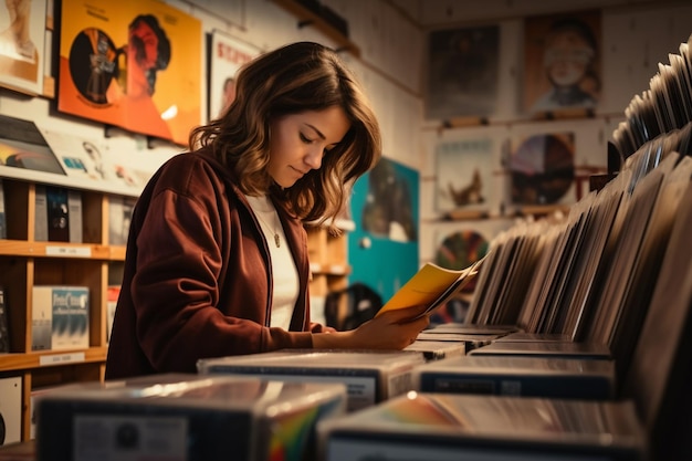 Mulher de tiro médio verificando discos de vinil